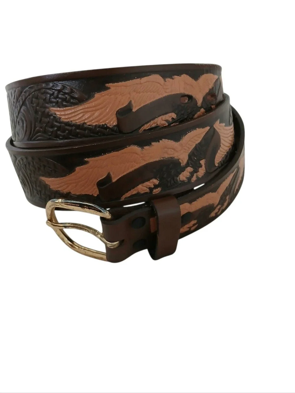 Top Grain Leather Tooled Eagle Western Belt Brass Buckle Men's 38 Brown Patriot